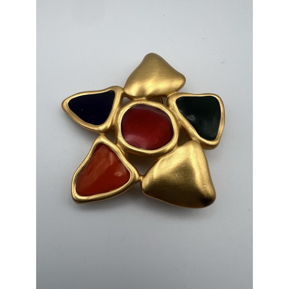 Anne Klein Vintage Enamel Star Brooch Gold Tone Multi Color 2in Retro 90s